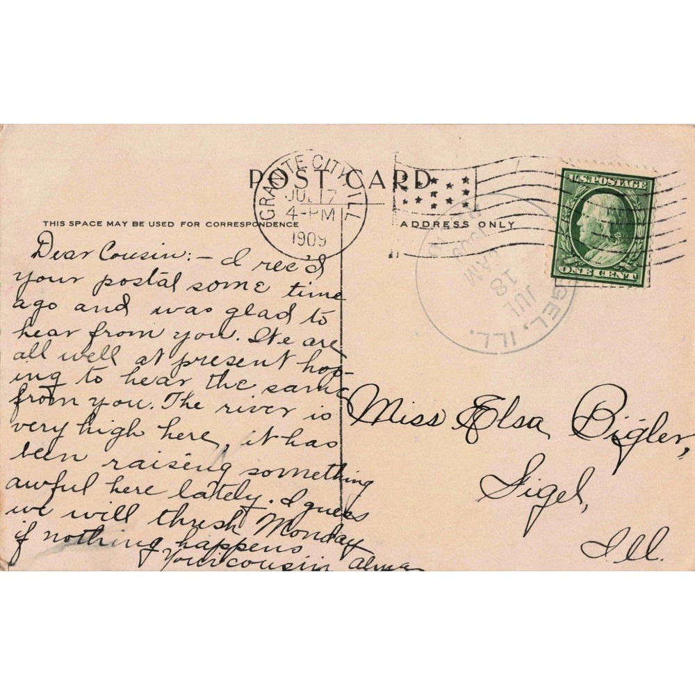 Antique 1909 Home Sweet Home Postcard Boy Playing Harmonica Sigel IL Postmark - Picture 2 of 2